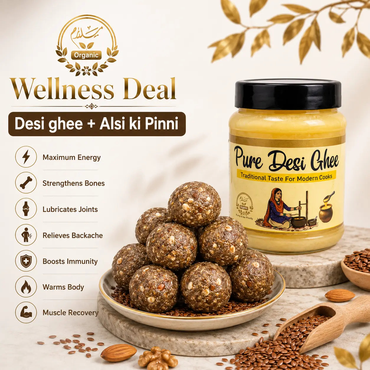A jar of Salaam Organic Pure Desi Ghee alongside Alsi ki Pinni energy balls, presented under a 'Wellness Deal' banner with product benefits on a warm beige background.
