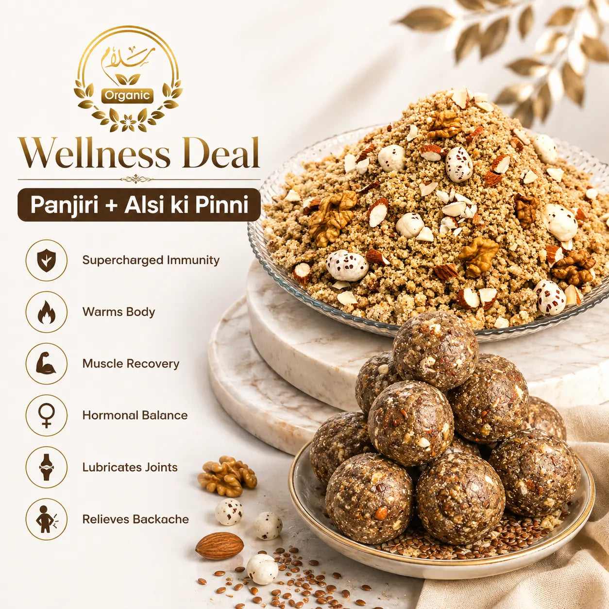 Salaam Organic Panjiri + Alsi ki Pinni wellness snack two bowls: one with alsi ki pinni  and one with panjiri. with text listing benefits.