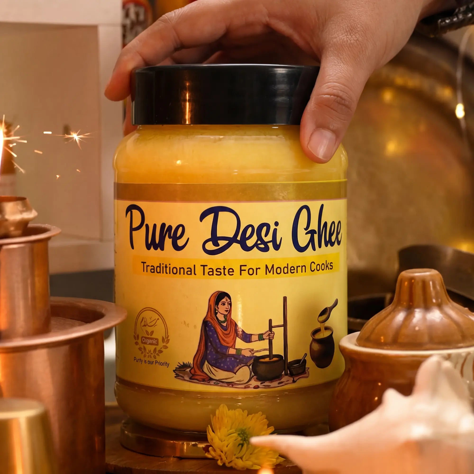 Salaam Organic buffalo desi ghee jar with traditional ghee