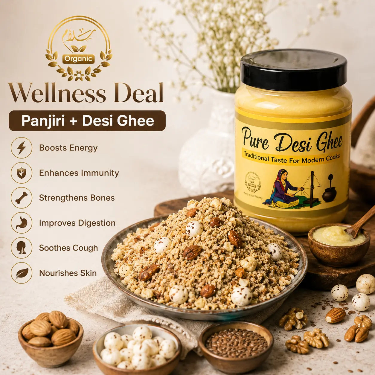 A plate of Panjiri + jar of  salaam Organic Desi Ghee wellness product . surrounded by almonds, walnuts, and foxnuts on a neutral beige background. The left side features a 'Wellness Deal' promotional graphic with product benefits.