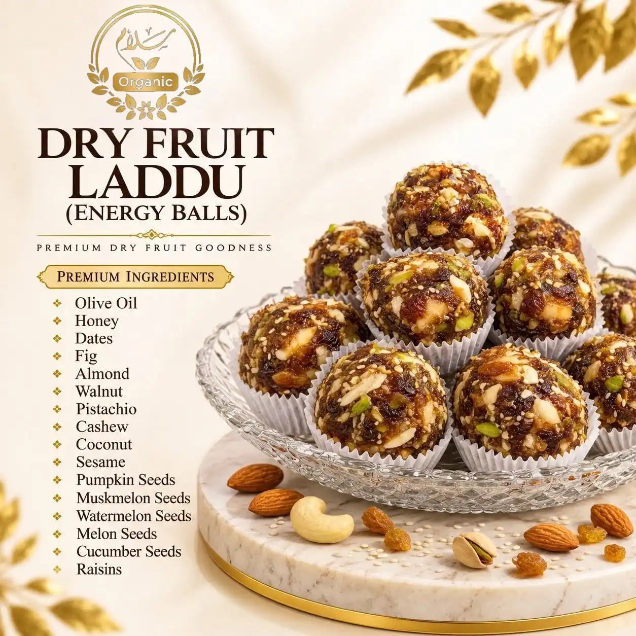 Close-up of homemade Dry Fruit Laddu showing ingredients, almonds, walnuts and seeds texture.