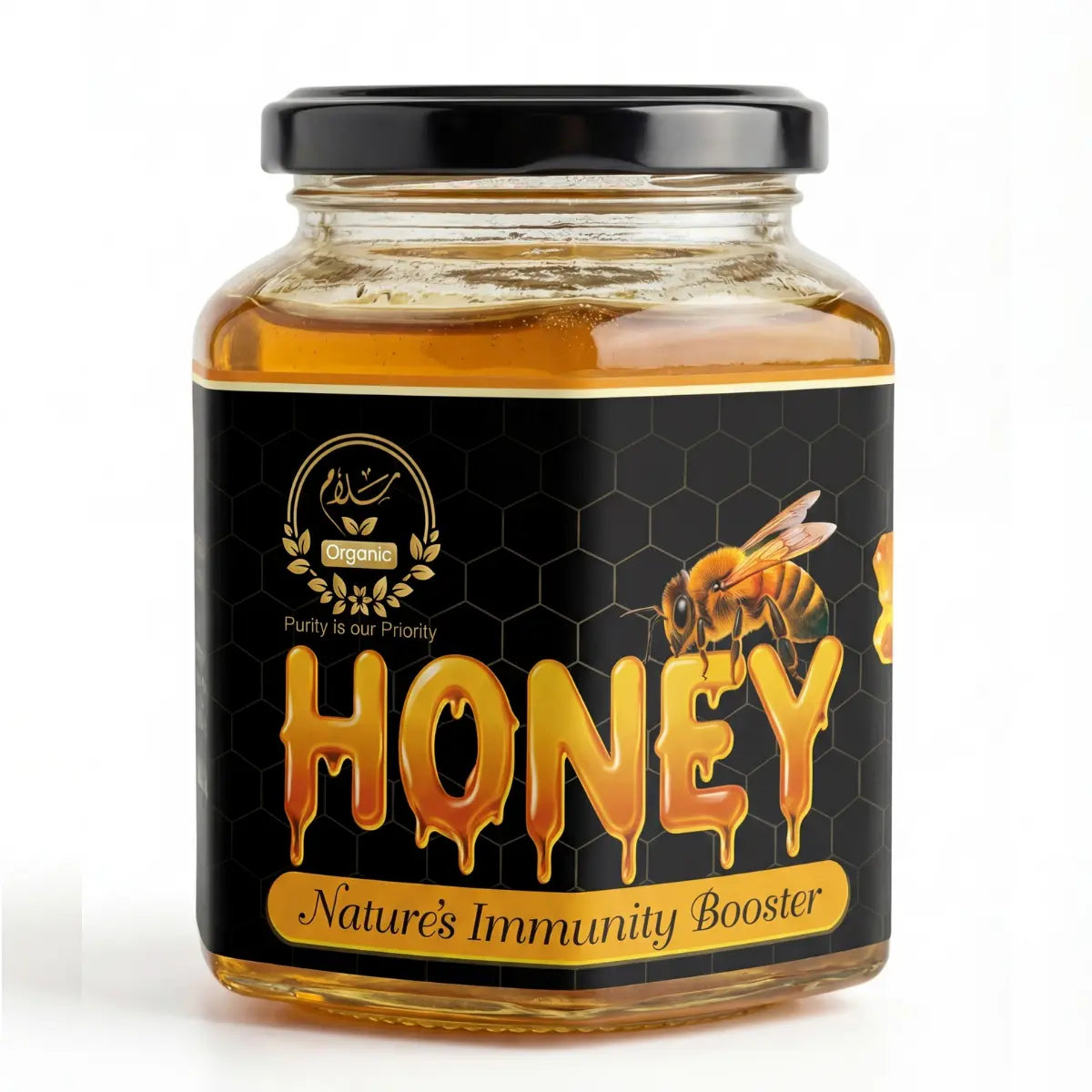 Jar of salaam Organic wild honey with  white background