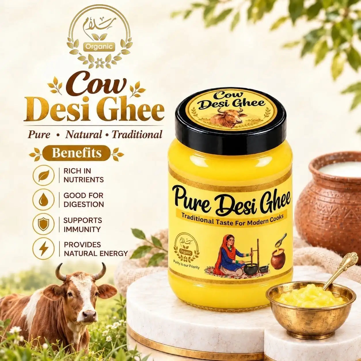 Pure A2 Cow Desi Ghee melting on spoon, perfect for traditional Pakistani cooking.