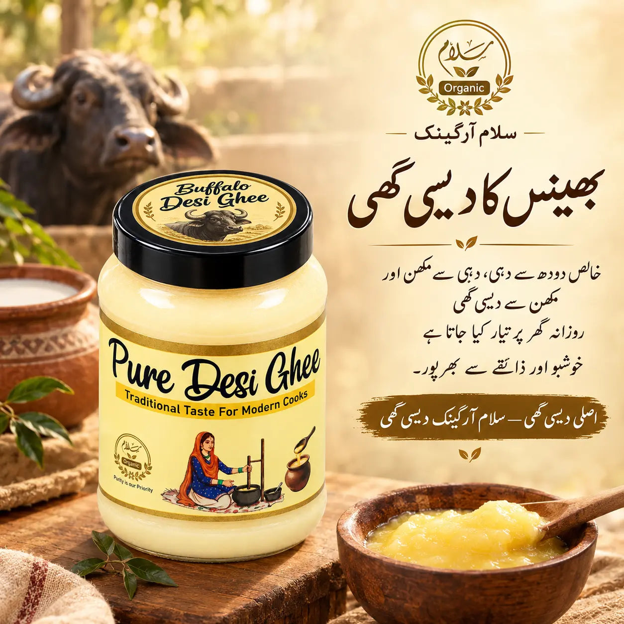 Traditional milk to dahi to makhan to ghee process for A2 buffalo desi ghee by Salaam Organic